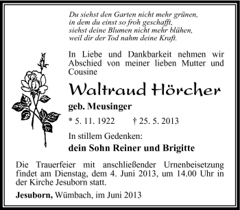 Traueranzeige von Waltraud Hörcher von Südthüringer Presse