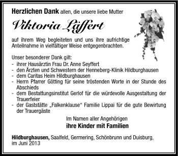 Traueranzeige von Viktora Läffert von Südthüringer Presse
