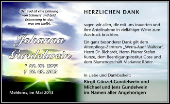 Traueranzeige von Johanna Gundelwein von Südthüringer Presse