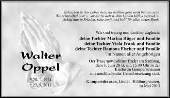 Traueranzeige von Walter Oppel von Südthüringer Presse