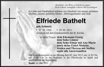 Traueranzeige von Elfriede Bathelt von Südthüringer Presse