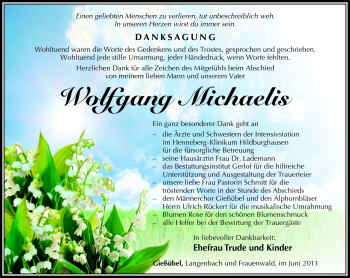 Traueranzeige von Wolfgang Michaelis von Südthüringer Presse