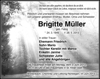Traueranzeige von Brigitte Müller von Südthüringer Presse