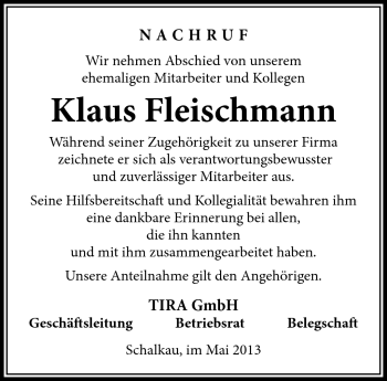 Traueranzeige von Klaus Fleischmann von Südthüringer Presse