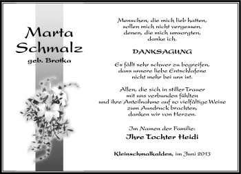 Traueranzeige von Marta Schmalz von Südthüringer Presse