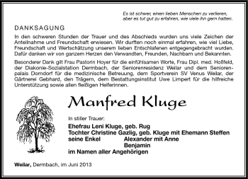 Traueranzeige von Manfred Kluge von Südthüringer Presse
