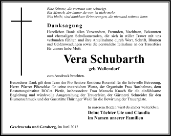 Traueranzeige von Vera Schubarth von Südthüringer Presse