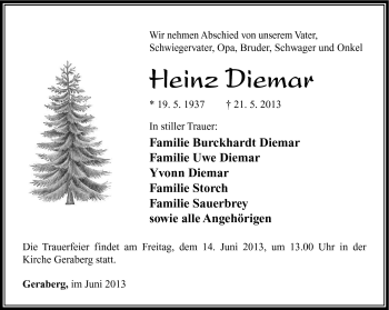 Traueranzeige von Heinz Diemar von Südthüringer Presse