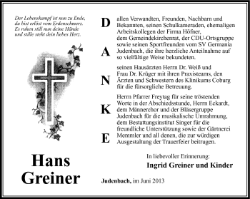 Traueranzeige von Hans Greiner von Südthüringer Presse