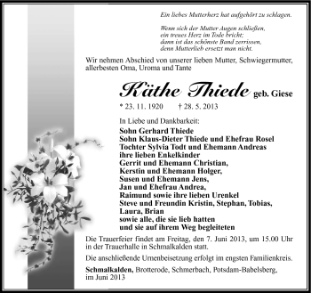 Traueranzeige von Käthe Thiede von Südthüringer Presse