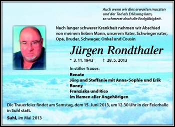 Traueranzeige von Jürgen Rondthaler von Südthüringer Presse