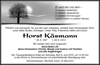 Traueranzeige von Horst Käsmann von Südthüringer Presse
