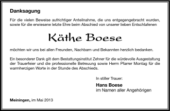 Traueranzeige von Käthe Boese von Südthüringer Presse
