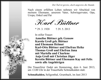 Traueranzeige von Karl Büttner von Südthüringer Presse