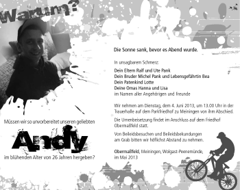 Traueranzeige von Andy Pank von Südthüringer Presse