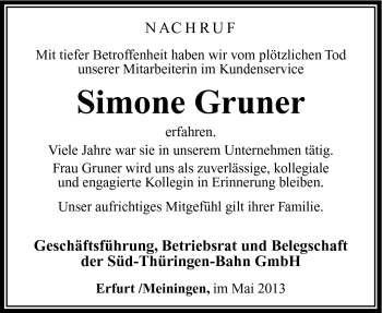 Traueranzeige von Simone Gruner von Südthüringer Presse
