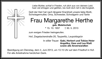 Traueranzeige von Margarethe Herthe von Frankenpost