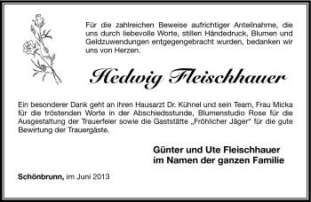 Traueranzeige von Hedwig Fleischhauer von Südthüringer Presse
