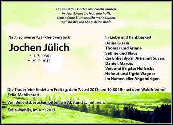 Traueranzeige von Jochen Jülich von Südthüringer Presse
