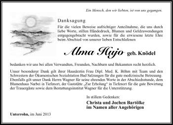 Traueranzeige von Alma Hujo von Südthüringer Presse