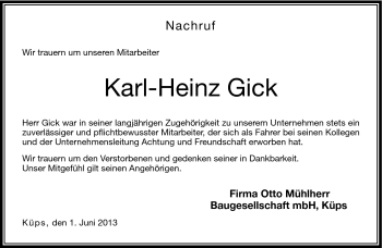 Traueranzeige von Karl-Heinz Gick von Neue Presse Coburg