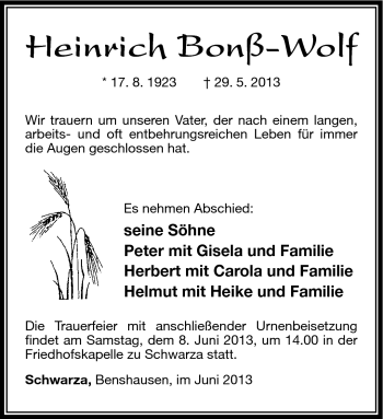 Traueranzeige von Heinrich Bonß-Wolf von Südthüringer Presse