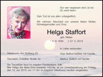 Traueranzeige von Helga Staffort von Frankenpost