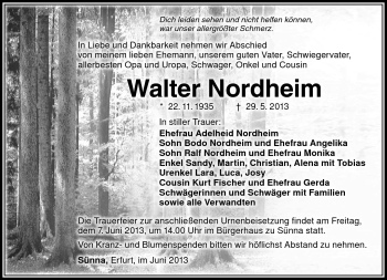 Traueranzeige von Walter Nordheim von Südthüringer Presse
