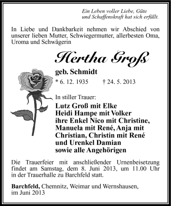 Traueranzeige von Hertha Groß von Südthüringer Presse