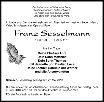 Traueranzeige von Franz Sesselmann von Südthüringer Presse