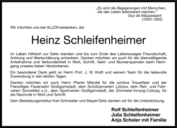 Traueranzeige von Heinz Schleifenheimer von Neue Presse Coburg
