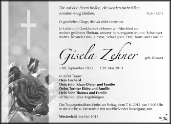 Traueranzeige von Gisela Zehner von Südthüringer Presse