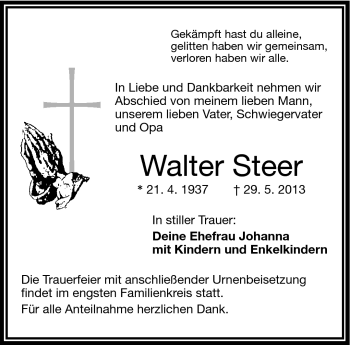 Traueranzeige von Walter Steer von Frankenpost