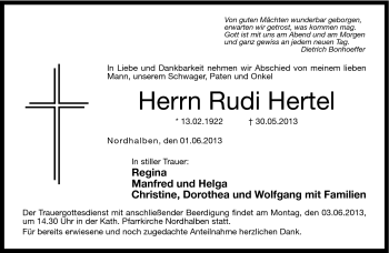Traueranzeige von Rudi Hertel von Neue Presse Coburg
