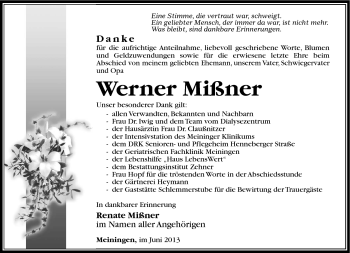Traueranzeige von Werner Mißner von Südthüringer Presse