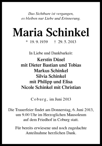 Traueranzeige von Maria Schinkel von Neue Presse Coburg