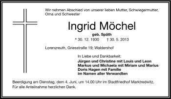 Traueranzeige von Ingrid Möchel von Frankenpost