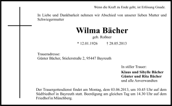 Traueranzeige von Wilma Bächer von Frankenpost