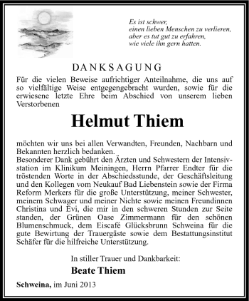 Traueranzeige von Helmut Thiem von Südthüringer Presse