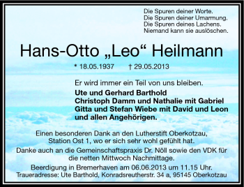 Traueranzeige von Hans-Otto Heilmann von Frankenpost