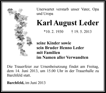 Traueranzeige von Karl-August Leder von Südthüringer Presse