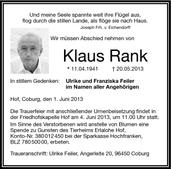 Traueranzeige von Klaus Rank von Frankenpost