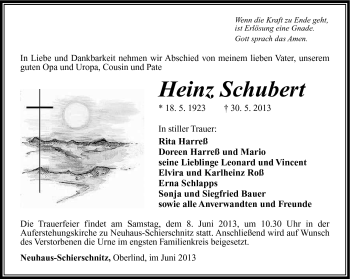 Traueranzeige von Heinz Schubert von Südthüringer Presse