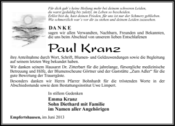 Traueranzeige von Paul Kanz von Südthüringer Presse