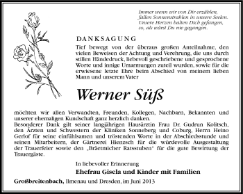 Traueranzeige von Werner Süß von Südthüringer Presse