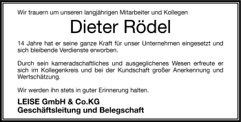 Traueranzeige von Dieter Rödel von Frankenpost
