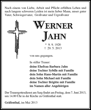 Traueranzeige von Werner Jahn von Südthüringer Presse