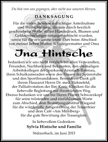Traueranzeige von Ina Hintsche von Südthüringer Presse