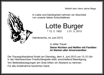Traueranzeige von Lotte Burger von Frankenpost