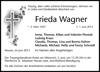 Traueranzeige von Frieda Wagner von Neue Presse Coburg